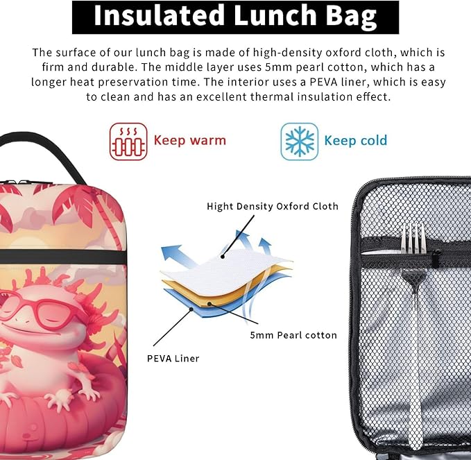 Insulated Lunch Box for Women Men, Flamingo Axolotl Theme Lunch Box Reusable Portable Lunch Bag Cooler Tote Waterproof Lunch Container for Office Picnic Work Travel