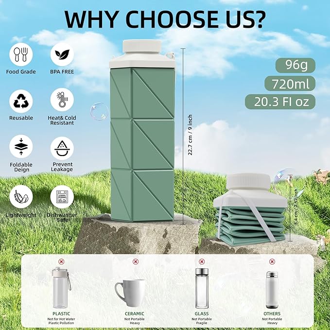 24oz Collapsible Water Bottles 2pcs,Food grade BPA Free Reusable Foldable Water Bottle Lightweight LeakProof for Travel Hiking Camping Gym Outdoor Sport,Collapses Folding Water Bottle 2pack