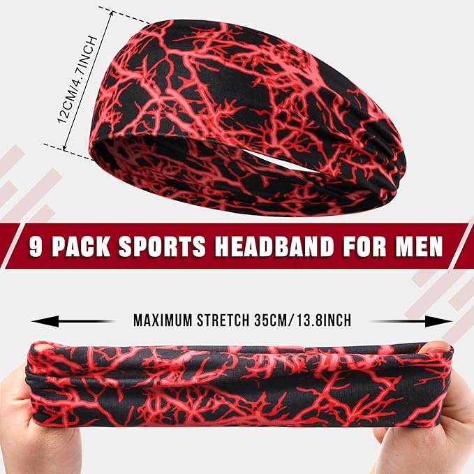 9 pcs Sweatbands for Men Workout Sport Headbands for Men Camo Headband Sweat Absorbing Headband Wide Sweatband for Head Basketball Football Cycling Running Yoga, 4.7 x 9.8 Inch