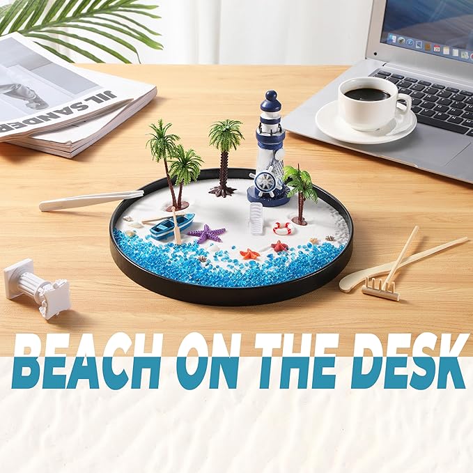 Zen Garden for Desk, Holiday Island Theme Sand Box Kit, Garden Meditation, Stress Relief Gifts, Home Office Desk Decoration.
