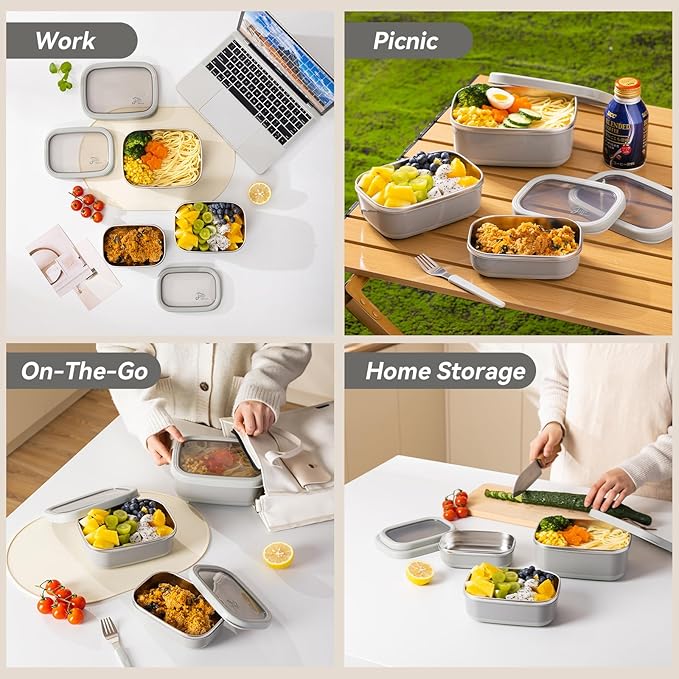 Lille Home Leak Proof Salad Container Stainless for Lunch - Snack Containers Steel - Ideal for Educational Settings & Daycare - Nesting Trio with Silicone Lids - 47oz+30oz+16oz - Grey