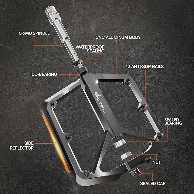 Flat Bike Pedals with Reflectors CNC Aluminium 9/16” – MTB Pedals with Extra Wide Platform and Removable Anti-Slip Pins – Lightweight Pedals for Mountain Bike & Road Bike 294 g