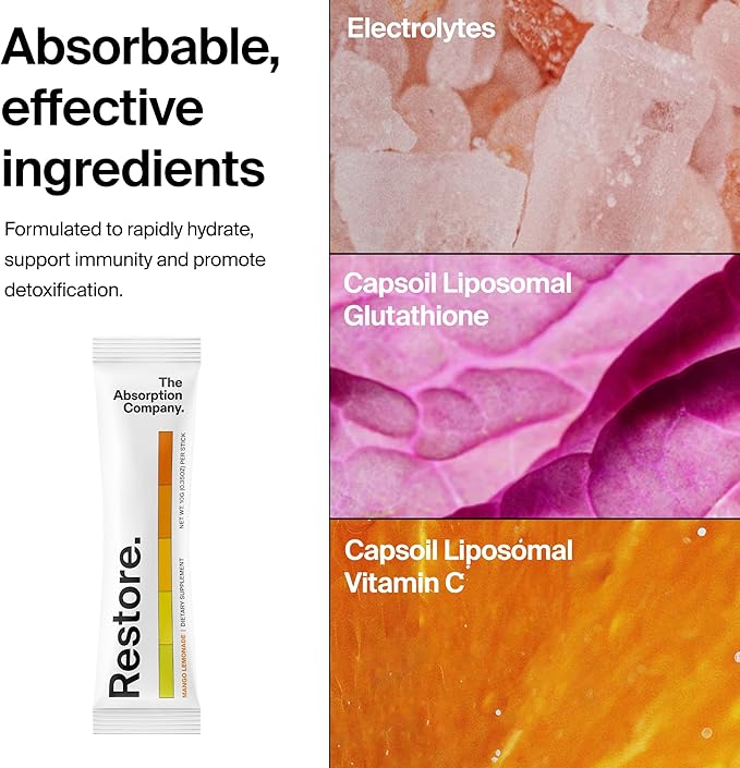 Electrolyte Powder Packets - Workout Recovery & Hydration Drink Mix with Liposomal Glutathione, Vitamin C & Methylated B Vitamins - Mango Lemonade (14 Sticks)