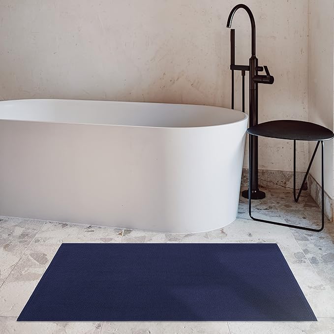 Cotton Paradise 100% Cotton Non Slip Bath Mats for Bathroom, 20x34 inch Soft Absorbent Quick Dry Machine Washable Floor Bath Mat, Navy Blue Bath Rug