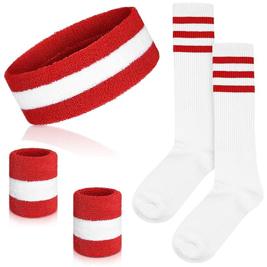 Skylety 5 Pcs Striped Sweatband Sock Set Wrist Sweatband Headband High Striped Headband for Men Women Sports 80s Party(Red and White)