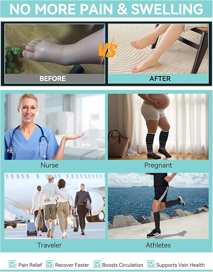 HAPIU Merino Wool Easy On Compression Socks for Women & Men, 15-20 mmHg, Plus Size Knee High Stocking for Nurses, Pregnancy, Travel, Flight, Medias de Compresión Mujer