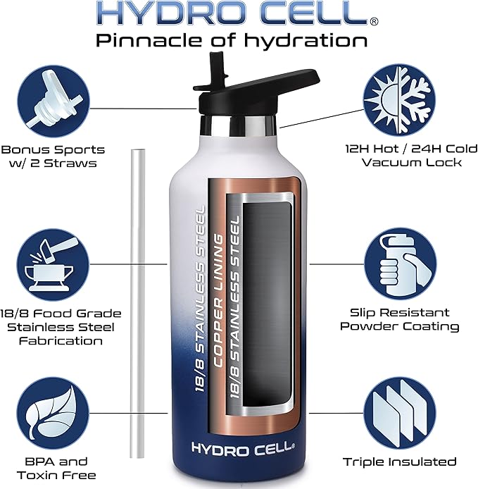 HYDRO CELL Stainless Steel Water Bottle with Straw & 2 Standard Mouth Lids (32oz 24oz 20oz 16oz) Keeps Liquids Hot or Cold w/Double Wall Vacuum Insulated Leak Proof Sport Design (Navy/White 32oz)