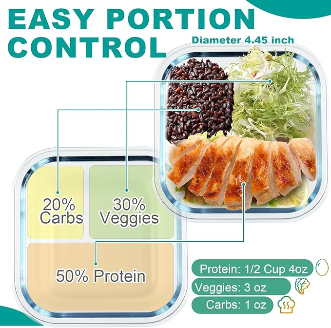 3 Pack Bariatric Meal Prep Containers, 8 oz Glass Bowls for Portion Control, Reusable Glass Lunch Box Bento Snack Food Containers with BPA Free Airtight Lids, Bariatric Must Haves