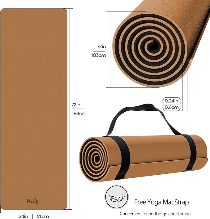 Non-slip TPE Yoga Mat for Women & Men,72"x24" Double-Sided Workout Mat for Home Gym Pilates Fitness,1/4 Inch Packable Lightweight Exercise Mat with Strap for Travel,Non Toxic Exercise Floor Mat