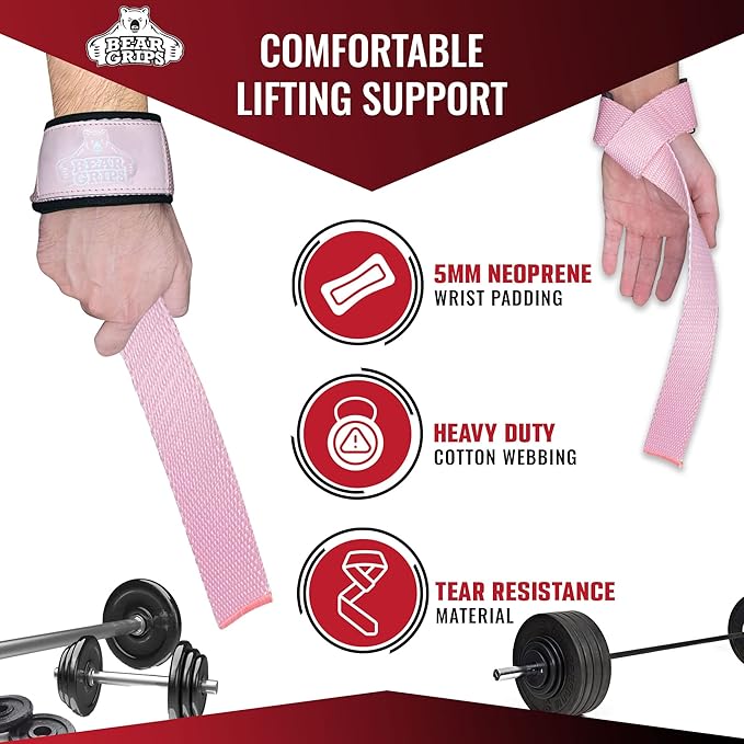 Bear Grips Lifting Straps - Gym & Weightlifting Straps for Men & Women, Deadlift Support, 2 Pairs