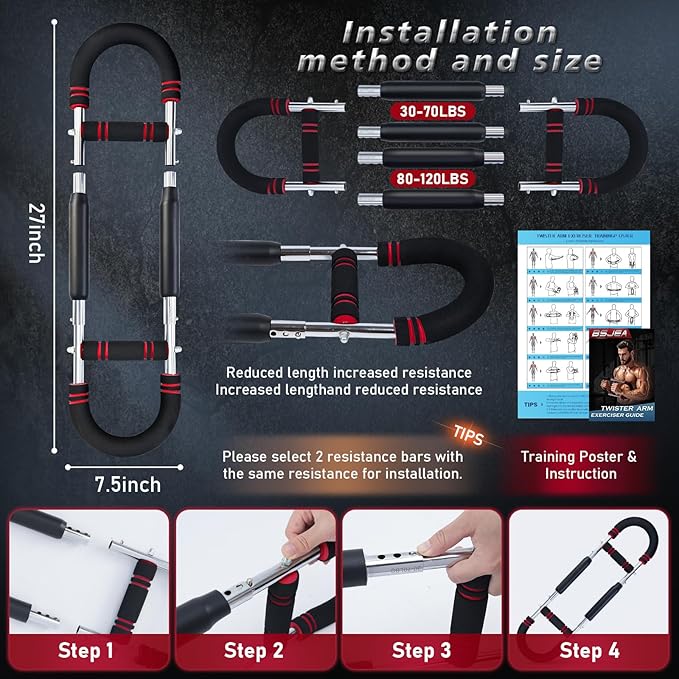 Twister Arm Trainer,30-120lb Adjustable,Chest Trainer for Men & Women with 4 Springs & Train Poster,Arm Trainer for Chest Clip Muscle & Arm Strength