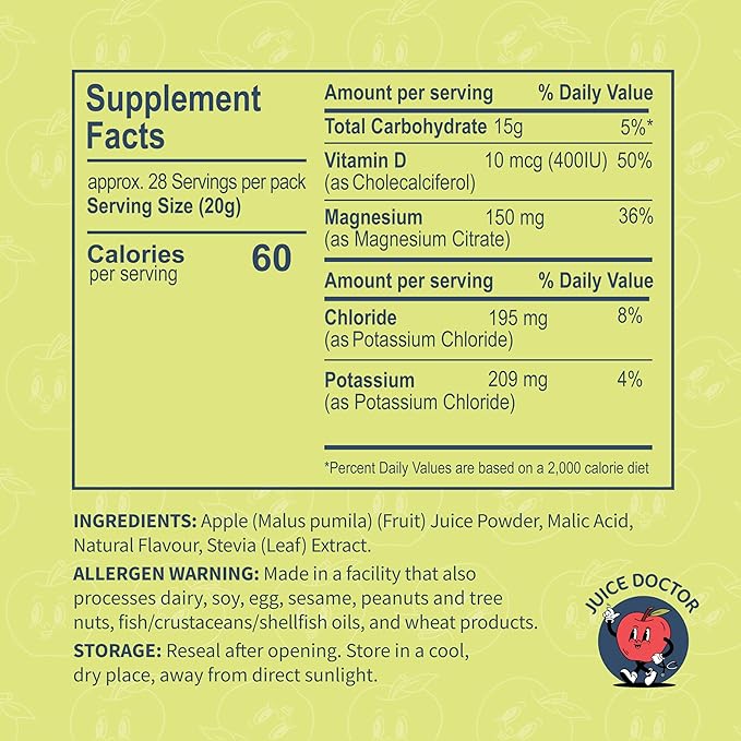 Juice Doctor Hydration Powder Electrolytes, Electrolyte Drink Mix for Dehydration Relief, Apple Juice Powder, Magnesium Citrate, Vitamin D, 1.2lb (560g / 28 Servings)