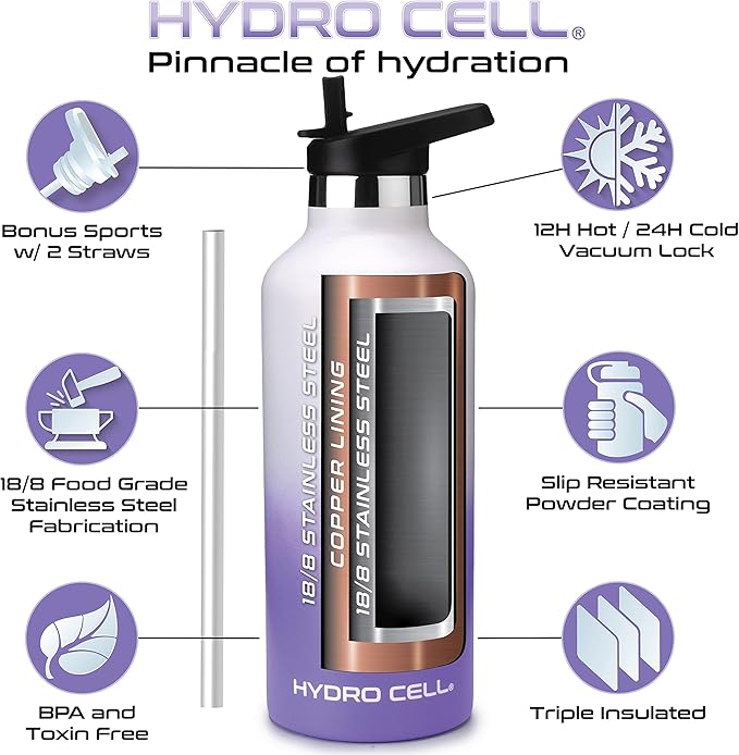 HYDRO CELL Stainless Steel Water Bottle with Straw & 2 Standard Mouth Lids (32oz 24oz 20oz 16oz) Keeps Liquids Hot or Cold w/Double Wall Vacuum Insulated Leak Proof Sport Design (Lavender/White 32oz)