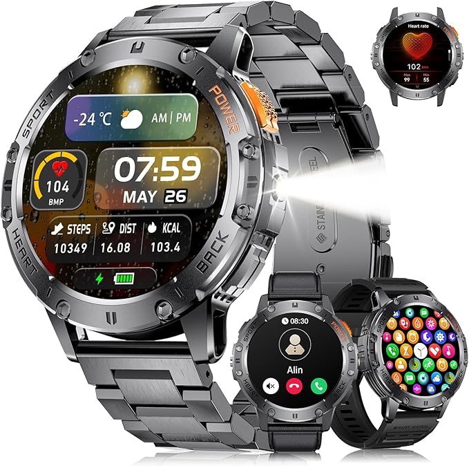 Smart Watches for Men for Android/iPhone(3 Straps),1.43’’ Amoled Display Sport Watch with 123 Sport Modes/FlashLight,5ATM Waterproof Fitness Tracker with Blood Pressure /Heart Rate/Sleep Monitor,Metal