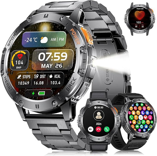 Smart Watches for Men for Android/iPhone(3 Straps),1.43’’ Amoled Display Sport Watch with 123 Sport Modes/FlashLight,5ATM Waterproof Fitness Tracker with Blood Pressure /Heart Rate/Sleep Monitor,Metal