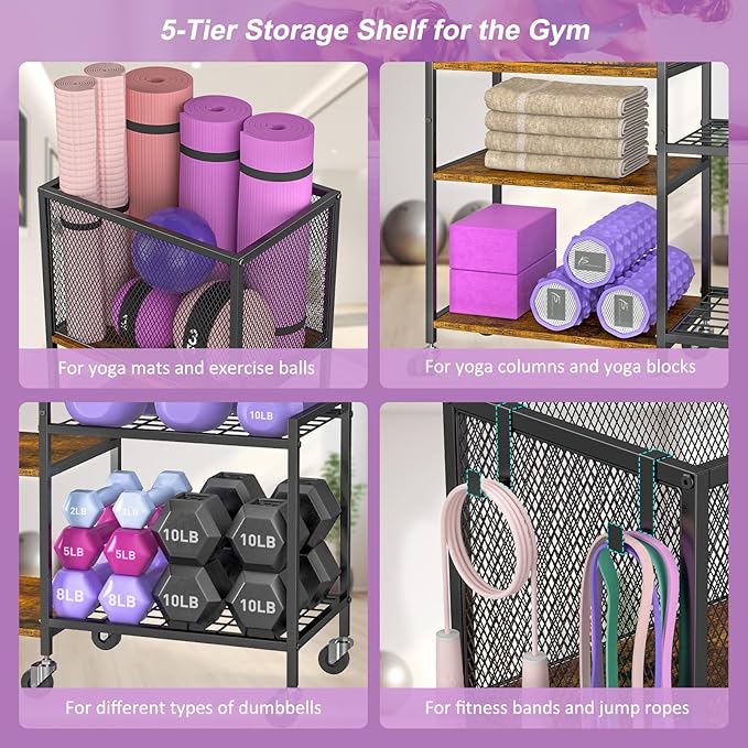 5 Tier Dumbbell Rack, Yoga Mat Storage Holder, Home Gym Storage Rack, Workout Equipment Storage Organizer, Weight Storage Holder Rack with Hooks and Wheels