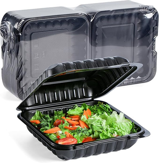 YANGRUI Takeout Containers 8 Inch 34 oz 55 Pack - Mineral Filled BPA Free Polypropylene Plastic | Shrink Wrapped Freezer & Microwave Safe | Black Reusable Hinged Clamshell Food Container
