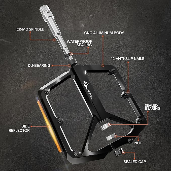 Flat Bike Pedals with Reflectors CNC Aluminium 9/16” – MTB Pedals with Extra Wide Platform and Removable Anti-Slip Pins – Lightweight Pedals for Mountain Bike & Road Bike 294 g