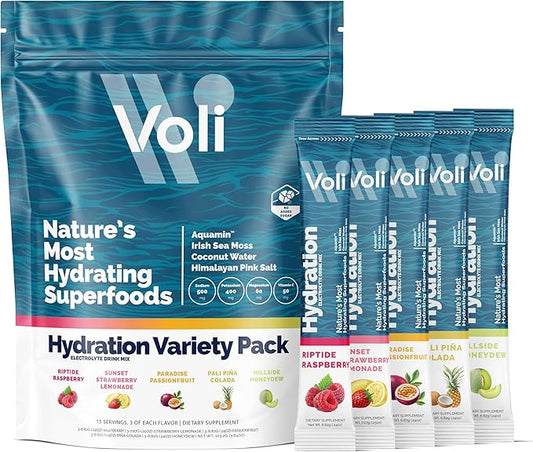 Voli Electrolytes Powder Packets | No Added Sugar Electrolyte Drink Mix for Hydration | Keto & Fasting Friendly, Natural Superfoods & Minerals | Variety Pack, 15-Count