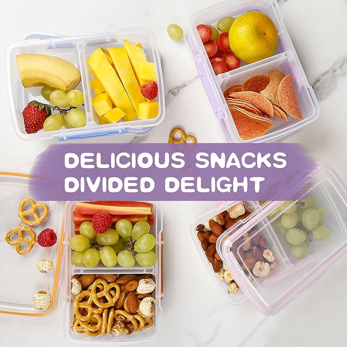 4 Pack Plastic Snack Containers with Lids, 2 Compartment Food Container for Kids Snack Box, Travel Bento Lunch Containers with forks for Fruits/Candies, Divided Food Storage Containers for School