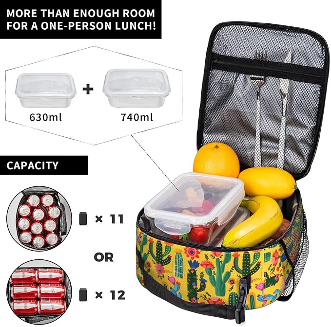 Cactus Lunch Box for Women Adults Kids, Insulated Cooler Lunch Bag for Picnic, School, Office, Travel, Work, Portable Reusable Polyester Tote Thermal Lunch Bags (Colorful Cactus)