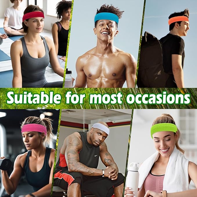 ONUPGO Sweatband Headbands for Men & Women -12PCS Sports Headbands Moisture Wicking Athletic Cotton Terry Cloth Headband for Tennis,Basketball,Football,Gym,Working Out