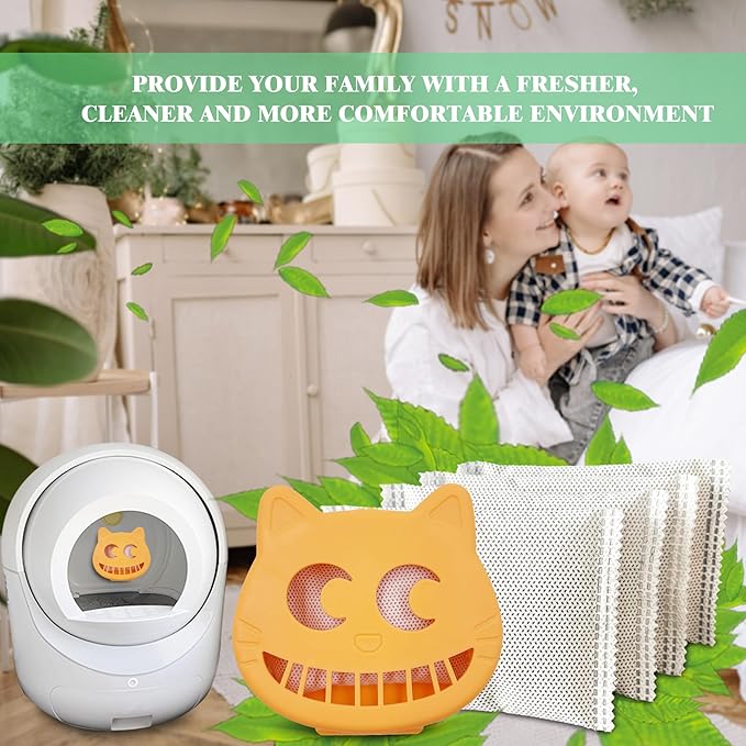 Unscented Cat Litter Box Deodorizer Kit Stick-On Activated Carbon Odor Eliminators Compatible with most manual and automatic litter boxes (4 Refills+ 1 Box) (Orange, Unscented)