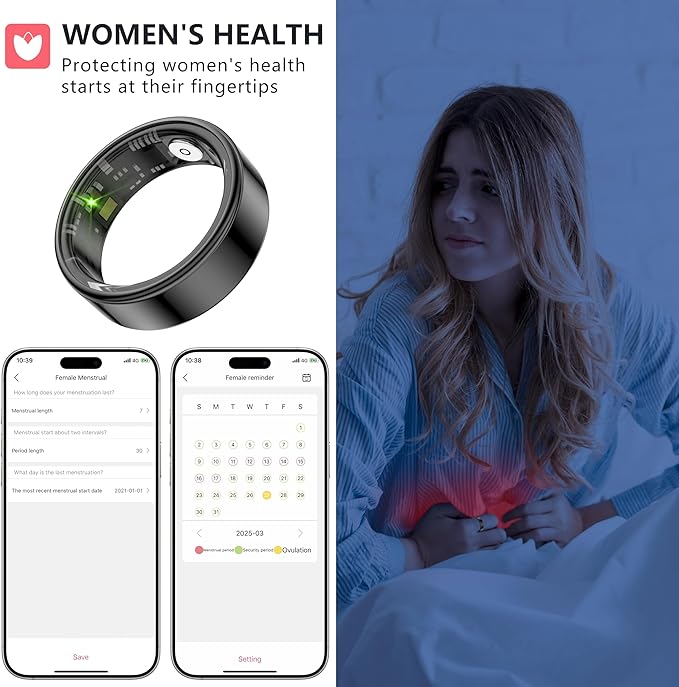 Thin Smart Ring for Fitness & Health Tracking -Pedometer,Sleep/Heart Rate/Blood Oxygen Monitor, Gesture Control / 5ATM Waterproof -No APP Subscription Compatible with Smart Phone (Black, 7)
