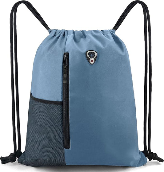 BeeGreen Blue Drawstrings Backpack Gym Sack For Men With Water Bottle Pocket &Front Zippered Pocket Large Sting Bags For WomenTraveling Yoga Beach Outdoor Gym