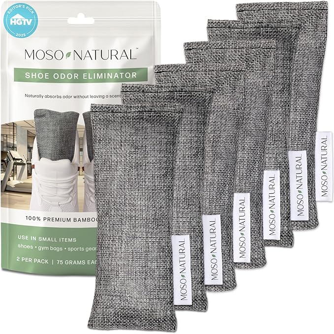Moso Natural Shoe Deodorizer Insert (3 Pack) Charcoal Odor Absorber for Shoes, Gym Bag & Boot Deodorizer, Long-Lasting Shoe Odor Elimination, Unscented Air Purifying Bags (Two Per Pack. 6 Total)