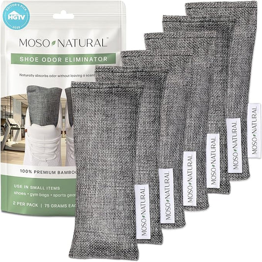 Moso Natural Shoe Deodorizer Insert (3 Pack) Charcoal Odor Absorber for Shoes, Gym Bag & Boot Deodorizer, Long-Lasting Shoe Odor Elimination, Unscented Air Purifying Bags (Two Per Pack. 6 Total)