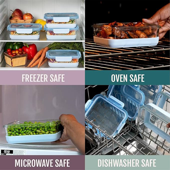 Ello Duraglass 3.4 Cup Meal Prep Sets 10Pc, 5 Pack Set- Glass Food Storage Container with Silicone Boot and Airtight BPA-Free Plastic Lids, Dishwasher, Microwave, and Freezer Safe, Garden Goals