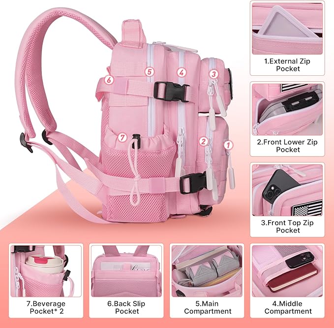 15L Mini Tactical Backpack Small Tactical Backpack for Women, Military Backpack for Gym, Hiking, Daily (Pink-15L)