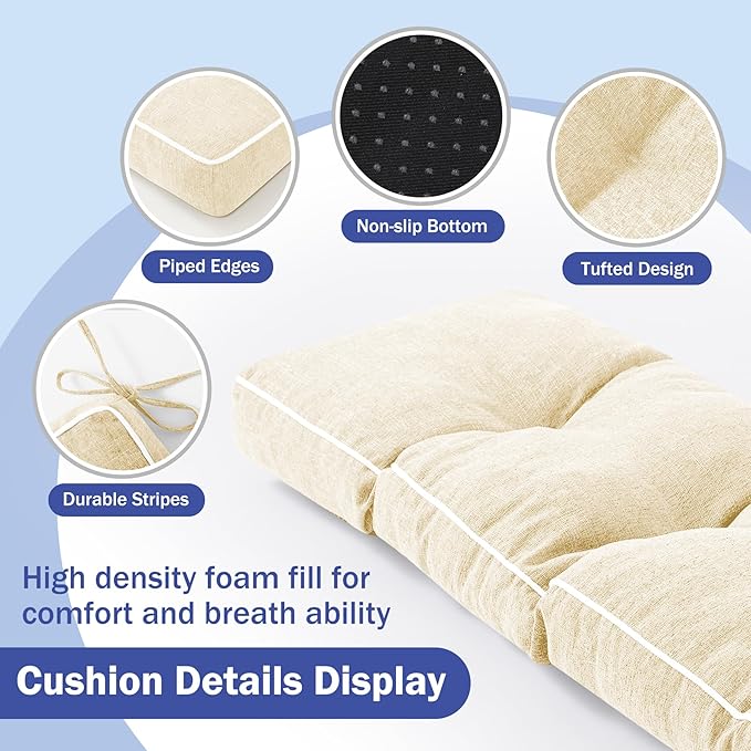 Bench Cushions for Outdoor Furniture, 42 x 16 Inch Outdoor Bench Cushion, Patio Bench Cushion with Durable Ties, Long Patio Seat Cushions for Garden, Indoor, Kitchen&Dining, Beige
