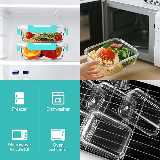 BAYZZ 10 Pack 22 oz Glass Meal Prep Containers, Glass Food Storage Containers with Airtight Lids, BPA-Free, Freezer and Microwave Safe, Green