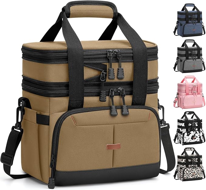 Lunch Box For Men Women Double Deck Insulated Lunch Bag For Men Woman Leakproof Expandable Cooler Bag with Adjustable Shoulder Strap for Work Picnic School(Khaki,Medium)
