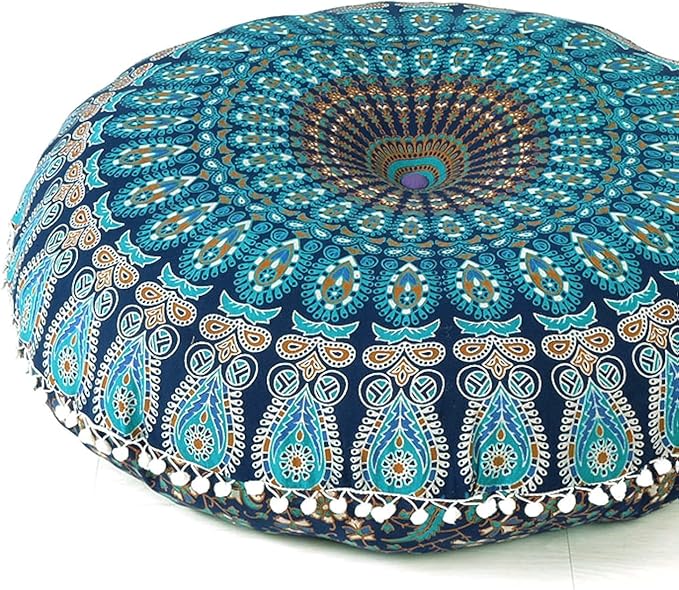 Eyes of India - Mandala Floor Pillow Cover Meditation Cushion Seating Throw Hippie Round Colorful Decorative Bohemian Indian Pouf Ottoman Handmade Cover ONLY (A1 Dark Blue-1, 32" x 32")
