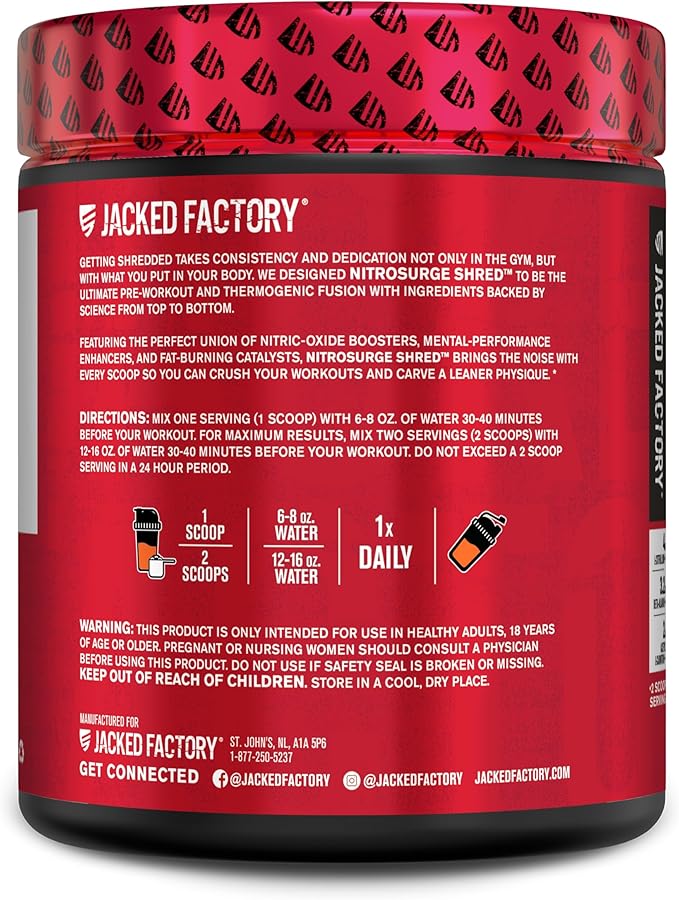 Jacked Factory NITROSURGE Shred Pre Workout Supplement - Energy Booster, Instant Strength Gains, Sharp Focus, Powerful Pumps - Nitric Oxide Booster & PreWorkout Powder - 30Sv, Orange Pineapple