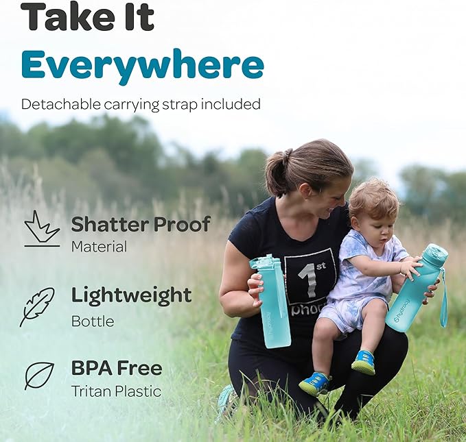 Hydracy Water Bottle with Time Marker -Large BPA Free Water Bottle & No Sweat Sleeve -Leak Proof Gym Bottle with Fruit Infuser Strainer & Times to Drink -Ideal for Fitness Sports & Outdoors