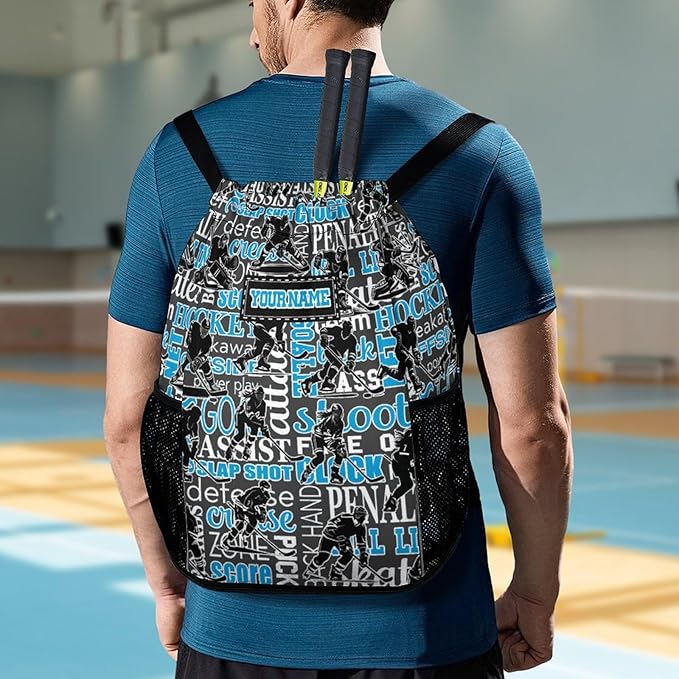 Custom Hockey Drawstring Backpack - Cool Cinch Sack, String Backpacks with Pocket for Kids Women Men Boys Girls for Gym Outdoor Sports Travel Athletic Drawstring Bag - Lightweight/Foldable