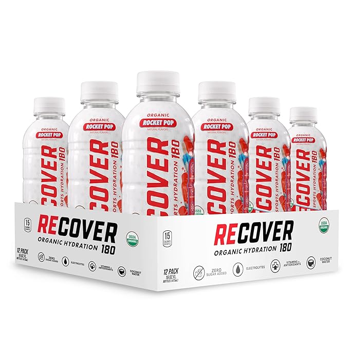 RECOVER 180 Organic Sports Hydration Drink, No Sugar Added, 20 Calorie Sports Beverage, Organic Flavors With Vitamins, Potassium-Packed Electrolytes (16.9 Fl Oz (Pack of 12), Rocket Pop)