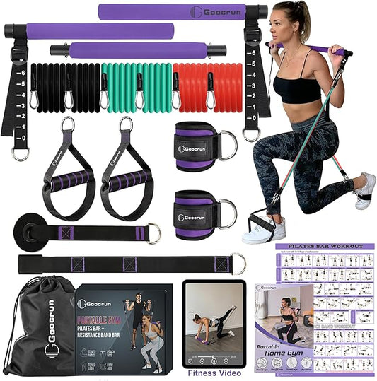 Portable Pilates Bar Kit with Resistance Bands for Men and Women - 3 Set Exercise Resistance Bands - Multifunctional Home Gym - Supports Full-Body Workouts – with Fitness Poster and Video