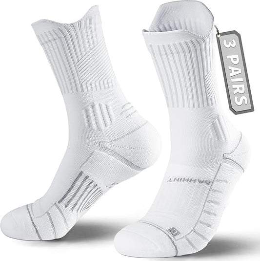Compression Running Socks 3 Pairs, Cushion Crew Socks, Anti-Blister Moisture Wicking Athletic Hiking Basketball Socks