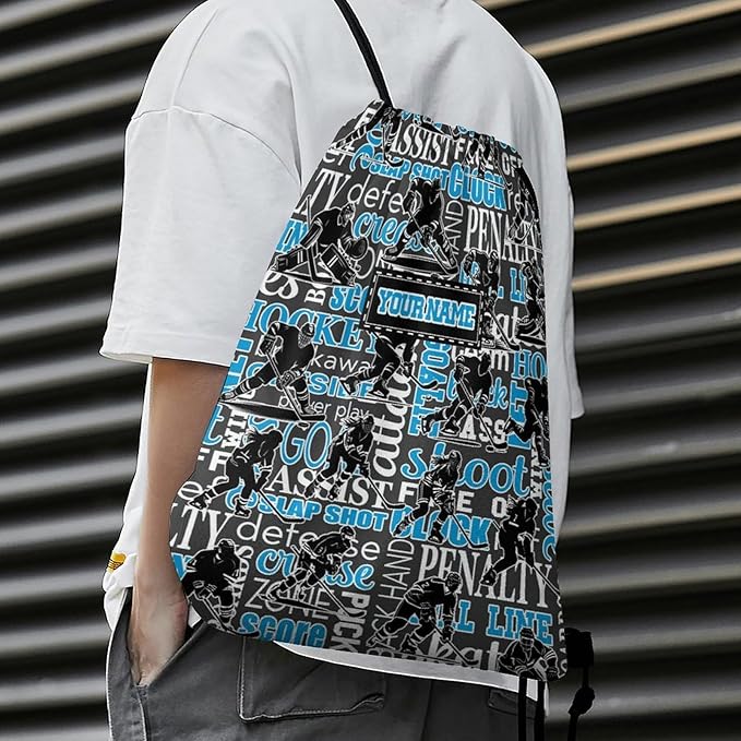 Custom Hockey Drawstring Backpack - Cool Cinch Sack, String Backpacks for Kids Women Men Boys Girls for Gym Outdoor Sports Travel Athletic Drawstring Bag - Lightweight/Foldable
