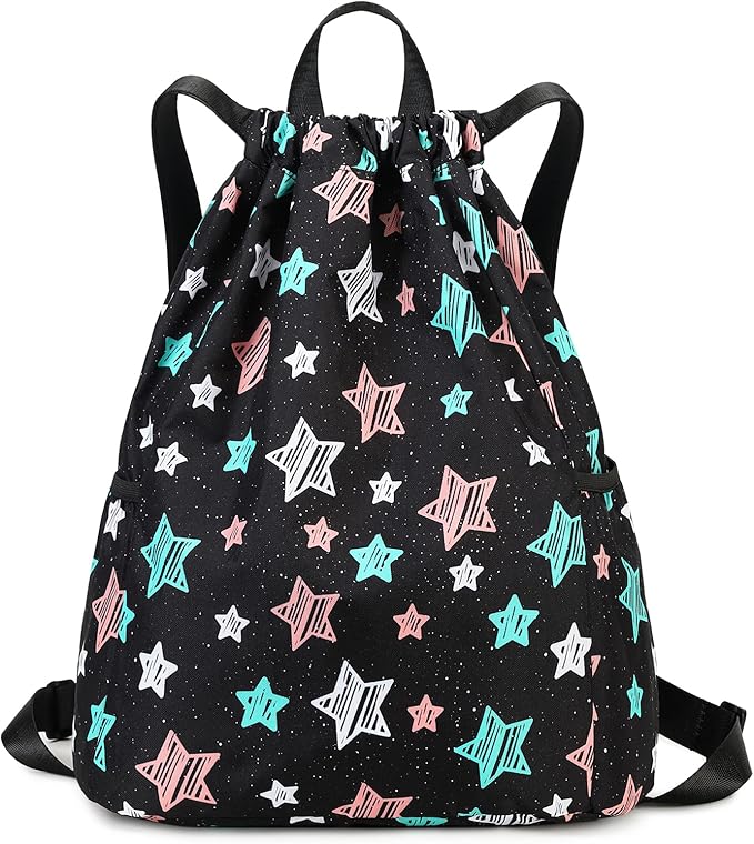 Drawstring Backpack Gym String Bag Drawstring Sackpack Sport Cinch Bag For Womens Girls Mens Stars Black