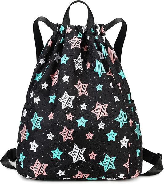 Drawstring Backpack Gym String Bag Drawstring Sackpack Sport Cinch Bag For Womens Girls Mens Stars Black