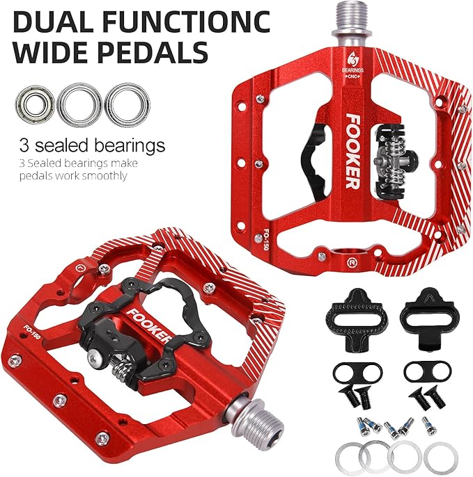 FOOKER MTB Mountain Bike Pedals 3 Bearing Flat Platform Compatible with Dual Function Sealed Clipless Aluminum 9/16" Pedals with Cleats for Road