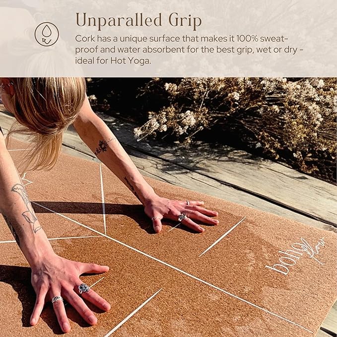 Premium Cork Yoga Mat Large 72"x26" – 5mm Thick Natural Rubber Cushioning - Non Slip Grip for Hot Yoga - Optional Alignment Lines & Elegant Yoga Bag Or Strap