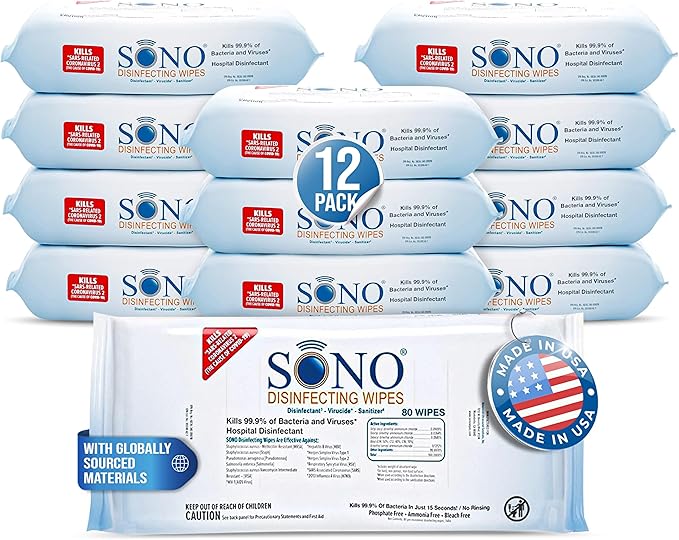 SONO Disinfecting Wipes - Medical-Grade, Alcohol-Free, No Bleach - Multi-Surface Cleaning Wipes for Home, School, Office - 12 packs with 80 wipes
