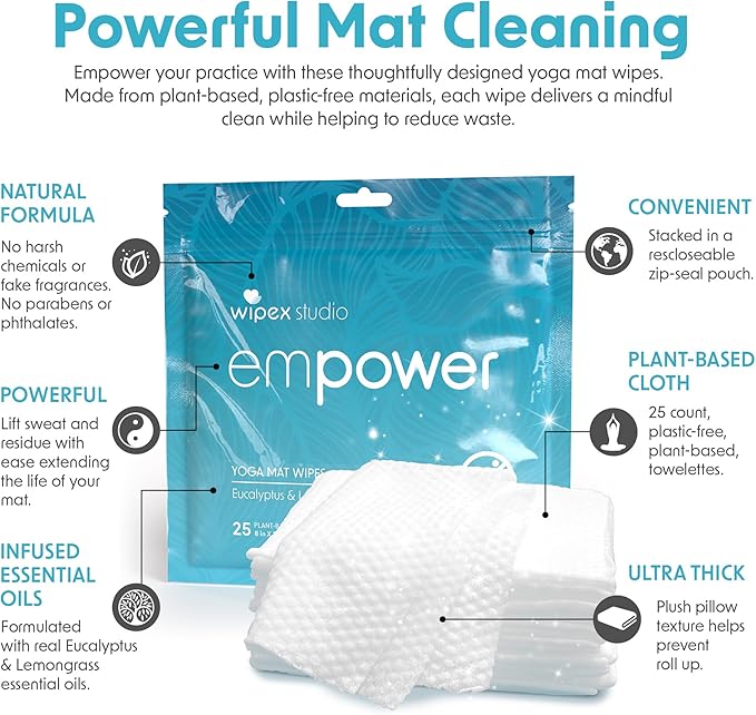 Wipex Studio Empower Yoga Mat Cleaner Wipes 25ct Zip Pack, Ultra Thick and Textured, Lemongrass Eucalyptus Scent, Natural Choice for Yoga, Pilates, or Any Movement Practice (25 Count (Pack of 6))